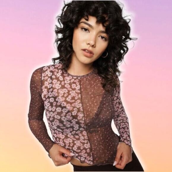 NWT GARAGE Mesh Semi-Sheer Floral Long Sleeve Sz Small - Picture 1 of 5